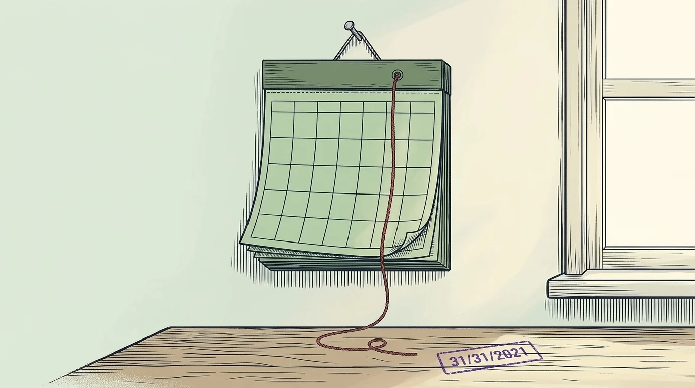 A green ledger calendar on a nail above the kitchen table, a red thread trailing from its spine