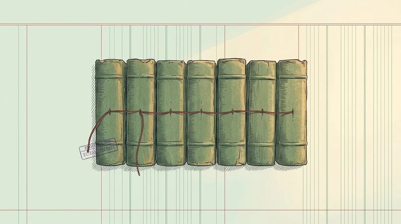 A shelf of ledger spines, one red thread running through every binding