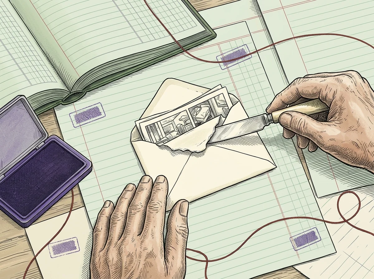 Grandmother's hands slitting open a small envelope, a folded comic sliding out, the ledger open beside her