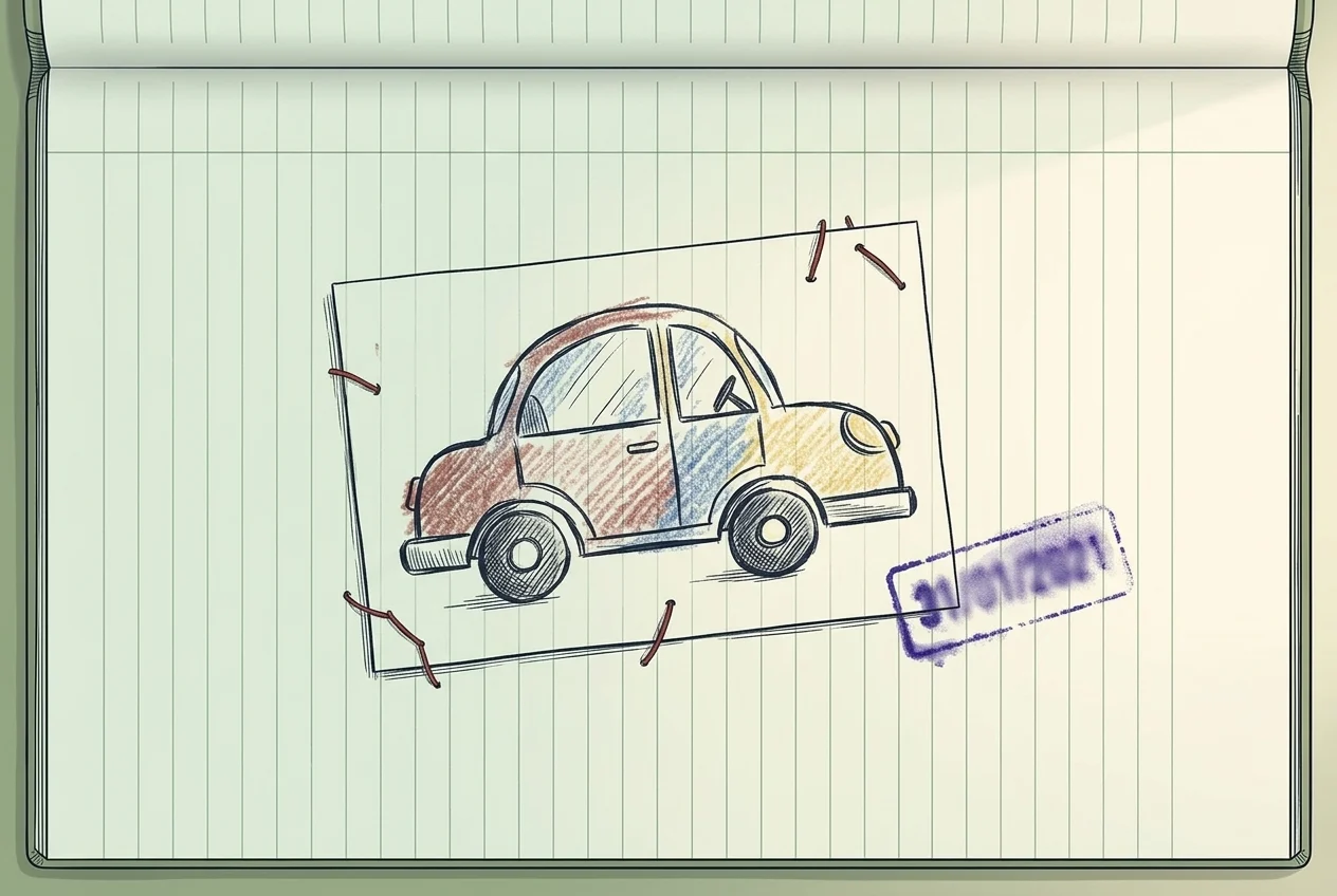 A child's crayon drawing of a toy car sewn to the week's column with red thread, a violet stamp beside it