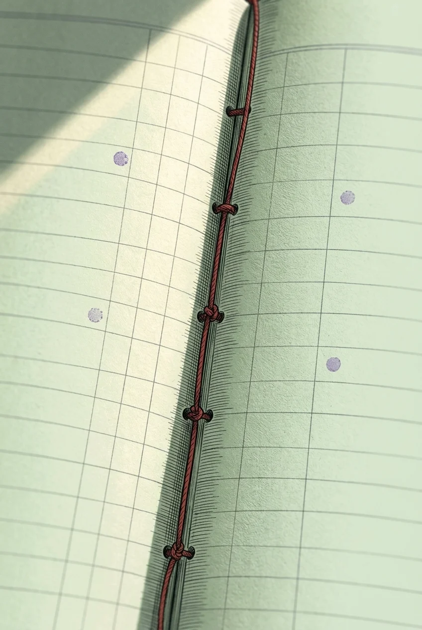 The ledger's gutter, the red thread knotted once per week